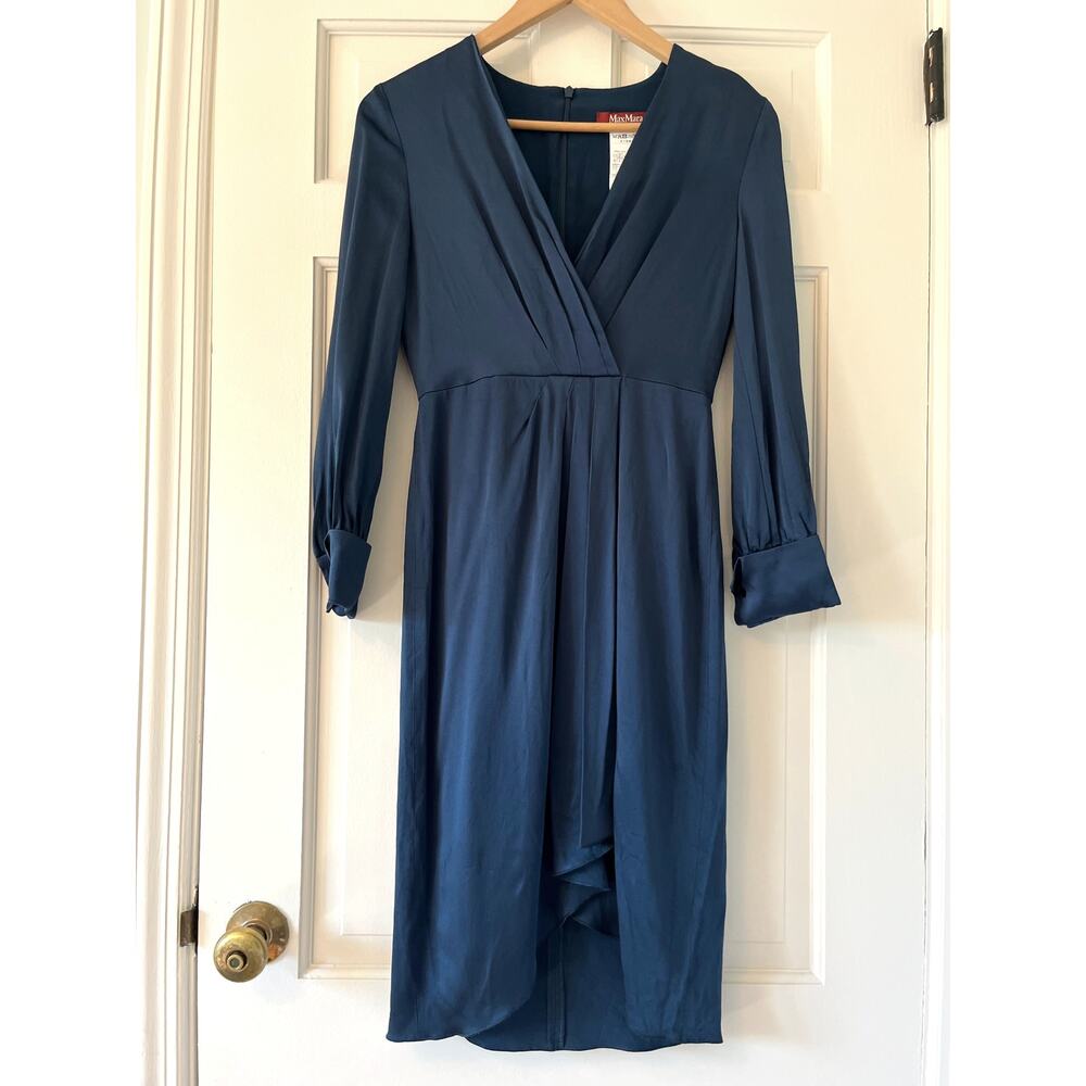 Max Mara Studio Envers Satin Draped Long Sleeve Dress Navy US 2 EU 34